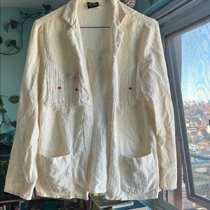 Vintage Judy Knapp California Fringe Jacket Western Boho Cotton Blazer | Size M